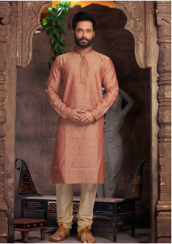 Cantaloupe with Cream Color Silk Kurta Set